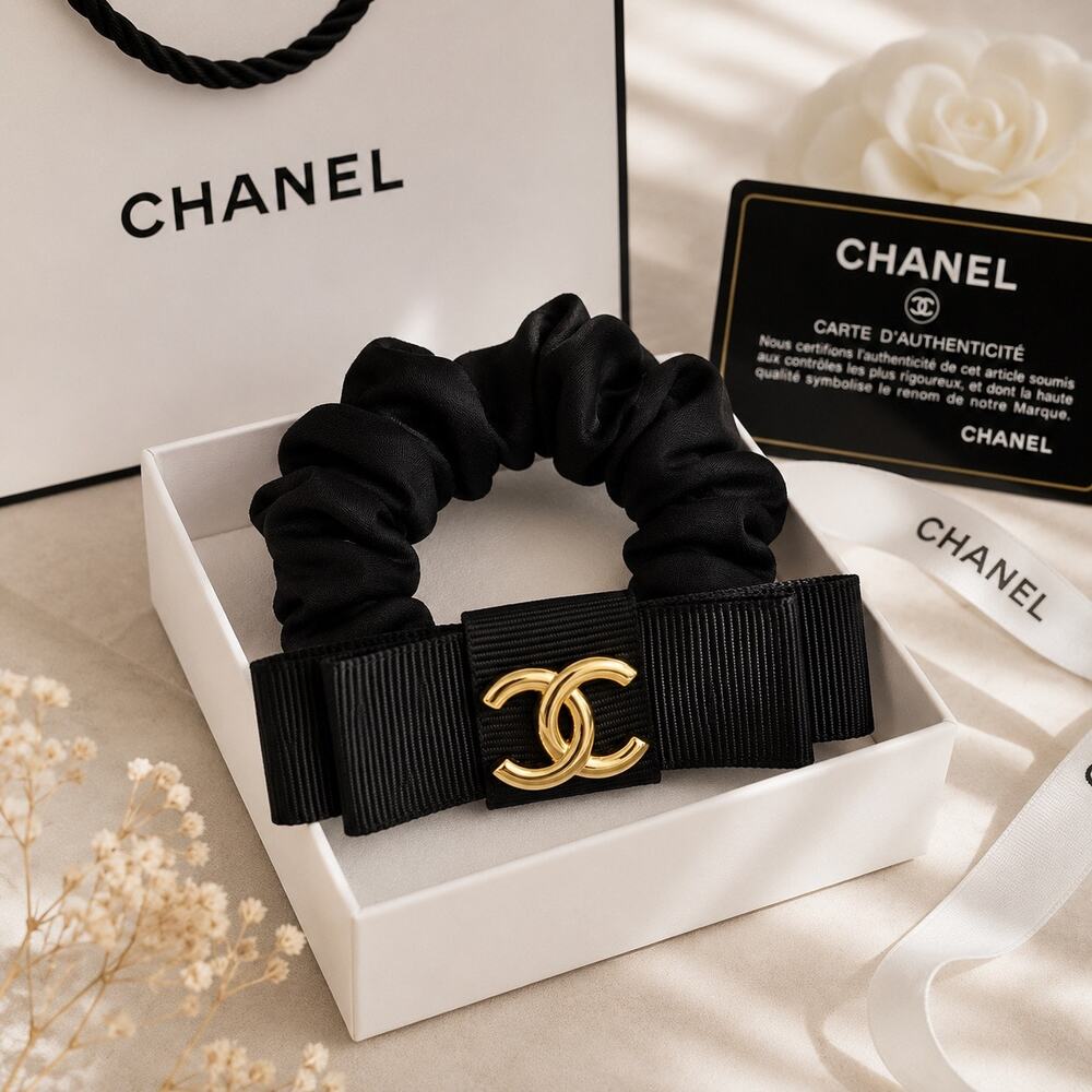 Chanel Beauté Bow Scrunchie Hair Accessory – Black Satin & Gold CC GWP